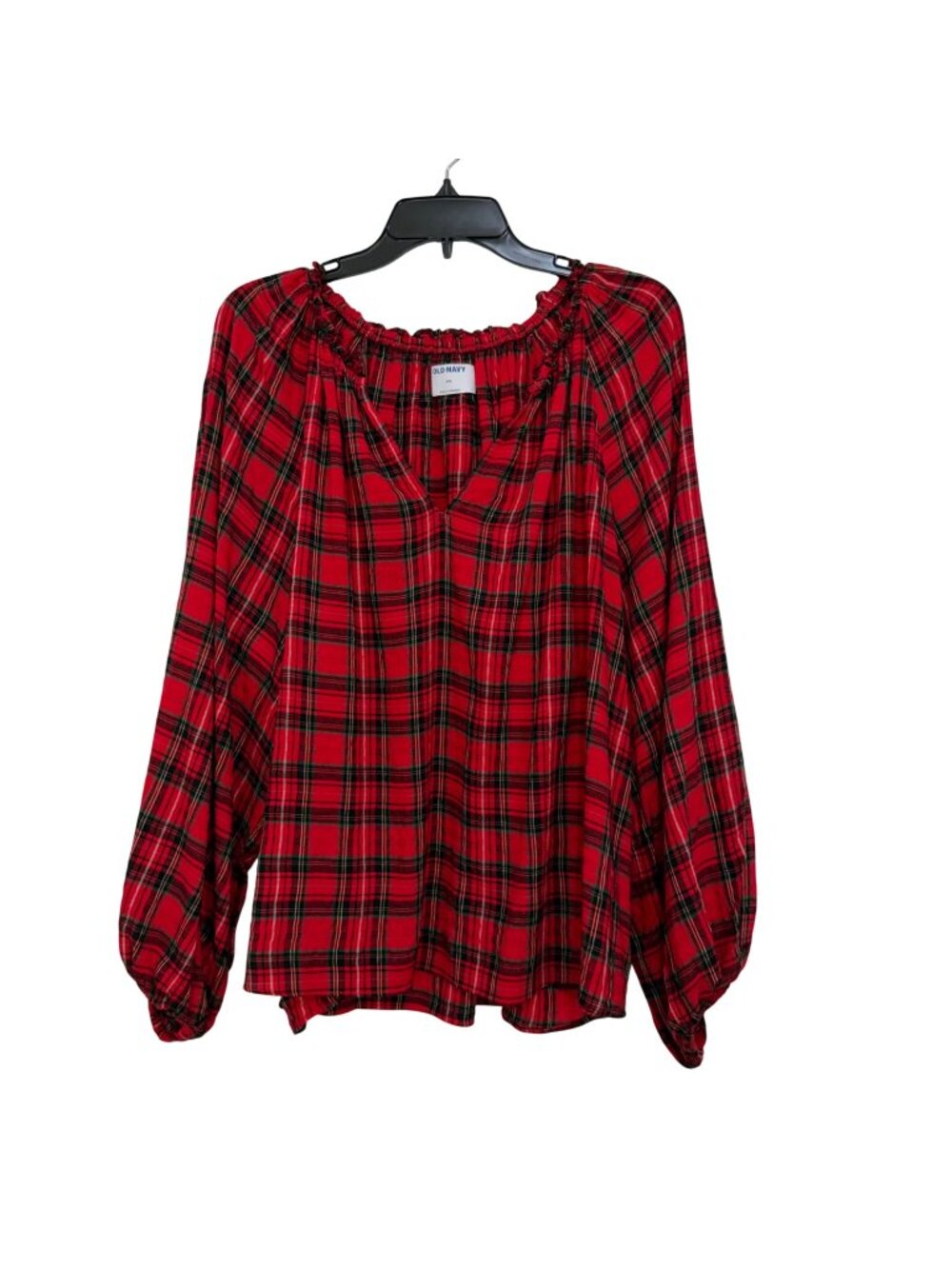 Old Navy Womens Red Plaid Long-Sleeve Blouse SZ XXL Rayon Blend Elastic Neckline